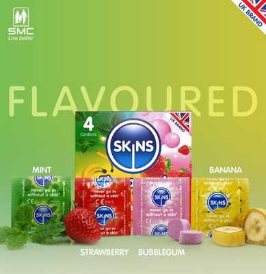 SKINS STRAWBERRY/FLAVOURED / DOTS AND RIBS CONDOMS X4